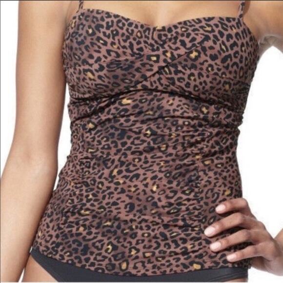 Assets by Spanx Brown Leopard Animal Print Twist Bandeau Tankini Top Large - Picture 2 of 7